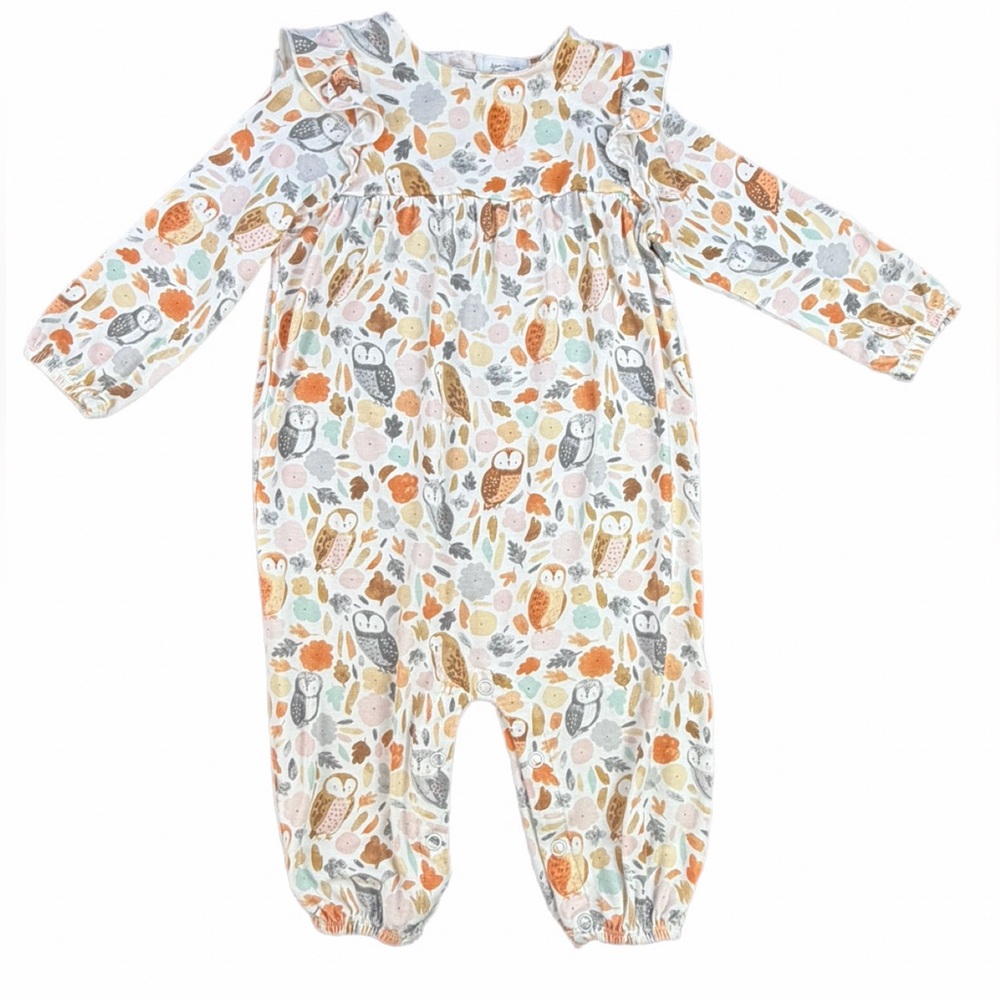 ANGEL DEAR Baby Girl Ruffle Sleeve Autumn Owl Bamboo Romper- 6-12M